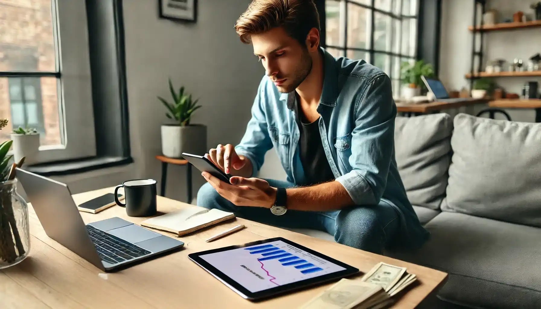 A young man is testing where and how much he can invest money with AI apps.