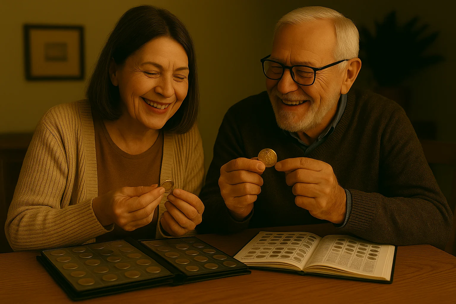 An elderly couple smiles as they find new coins to add to their collection, enjoying a shared passion for numismatics.