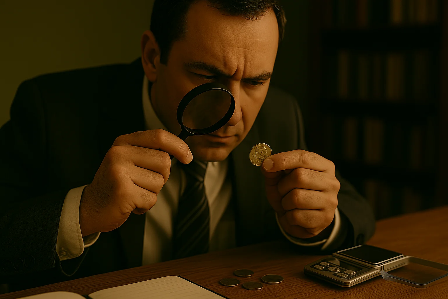 A focused collector examines a dollar coin under a magnifying glass at his desk, analyzing its details with precision.