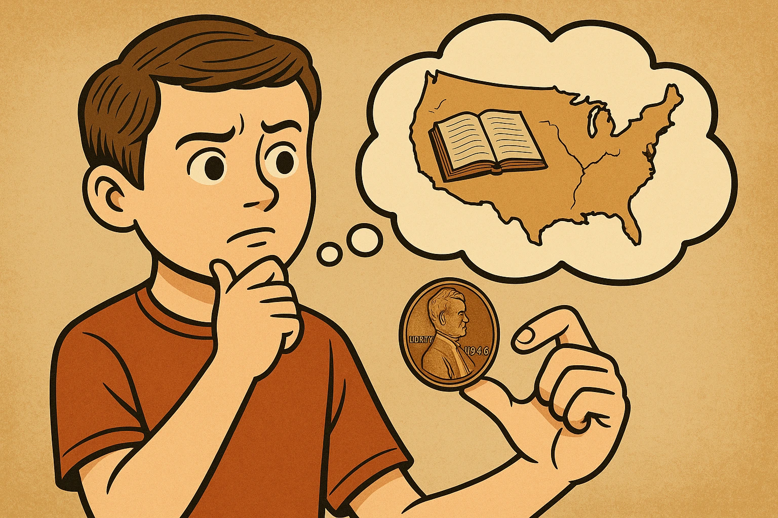 A boy is thinking of a penny he found and trying to guess its history.