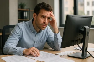 A young man in an office looks slightly puzzled as he sits at a desk with papers, staring at his computer screen.