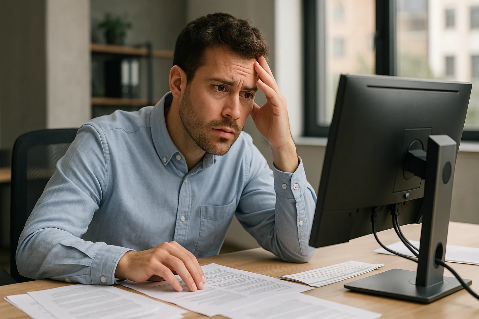 A young man in an office looks slightly puzzled as he sits at a desk with papers, staring at his computer screen.
