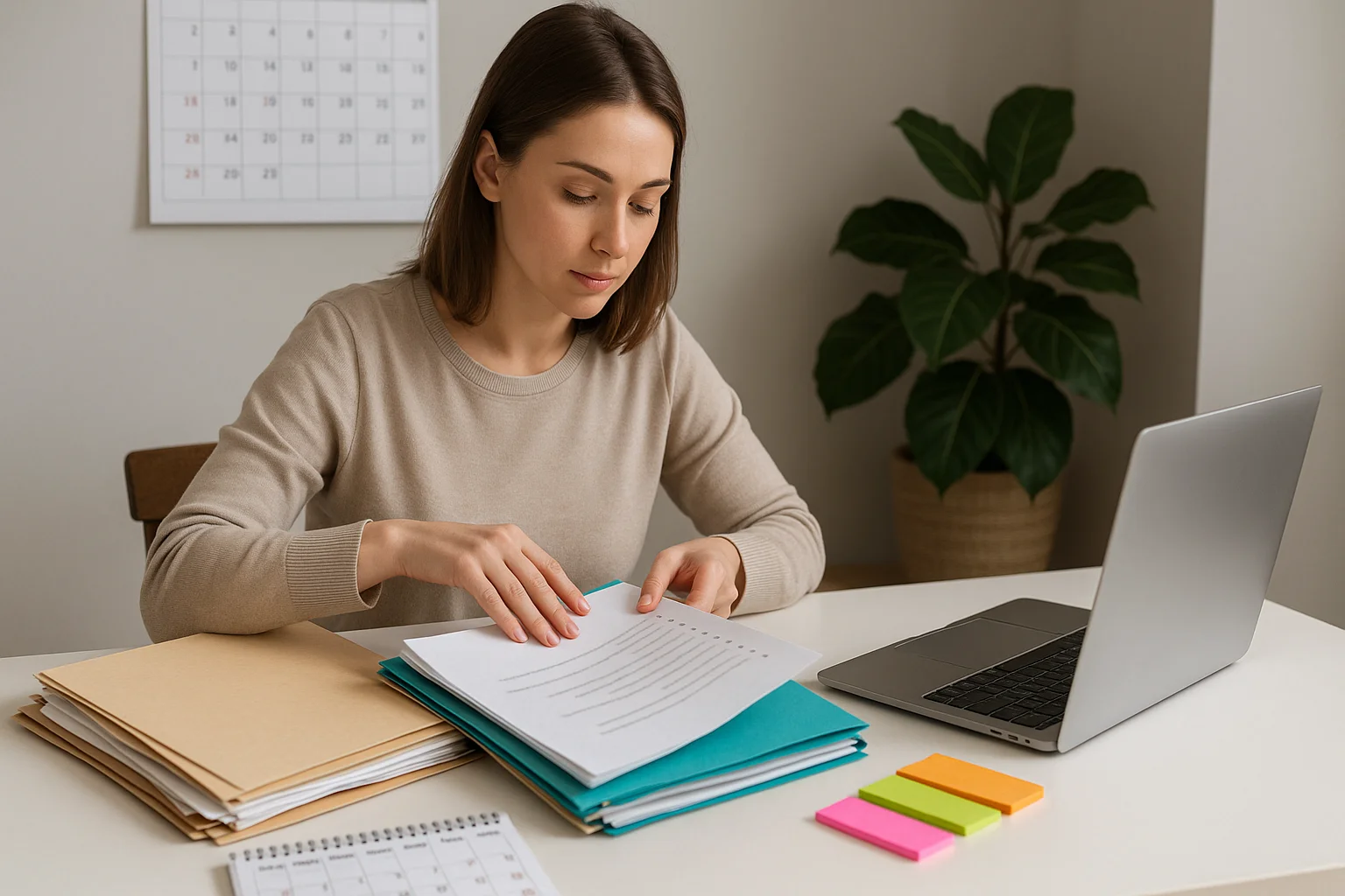 A woman organizes folders and papers at a desk with a calendar, laptop, and colorful sticky notes beside her to manage all her daily tasks.