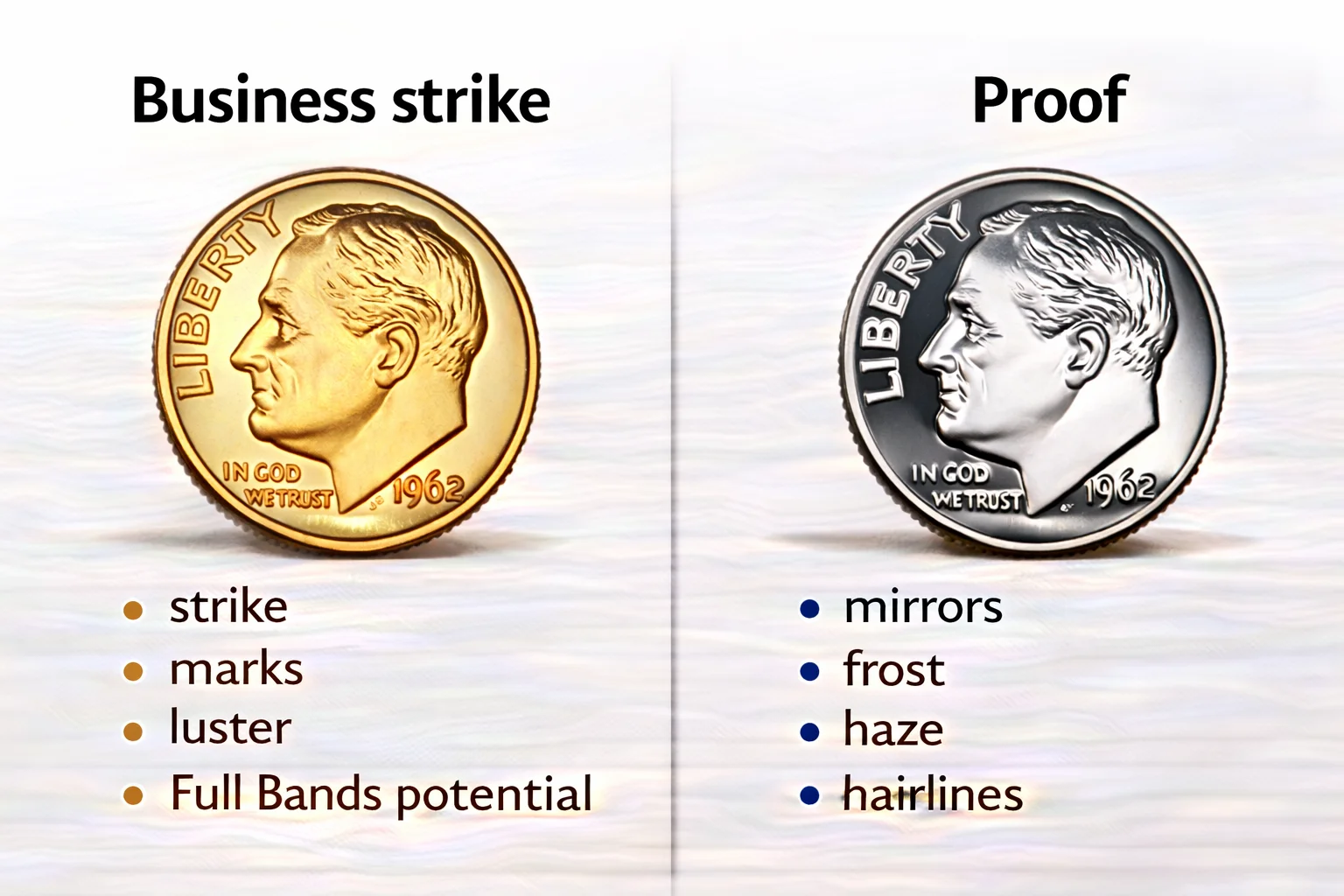 Business strike vs proof infographic for 1962 Roosevelt dimes.